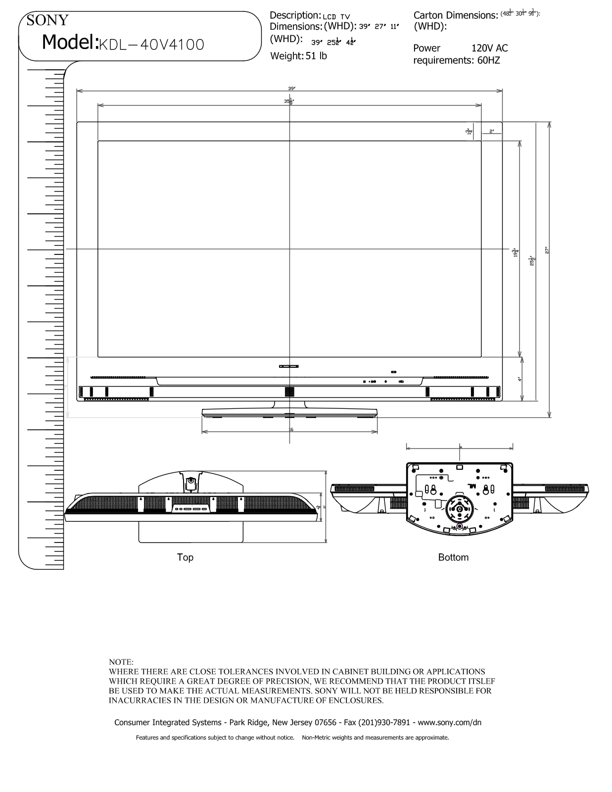 Sony KDL-40V4100 Dimensions Diagram