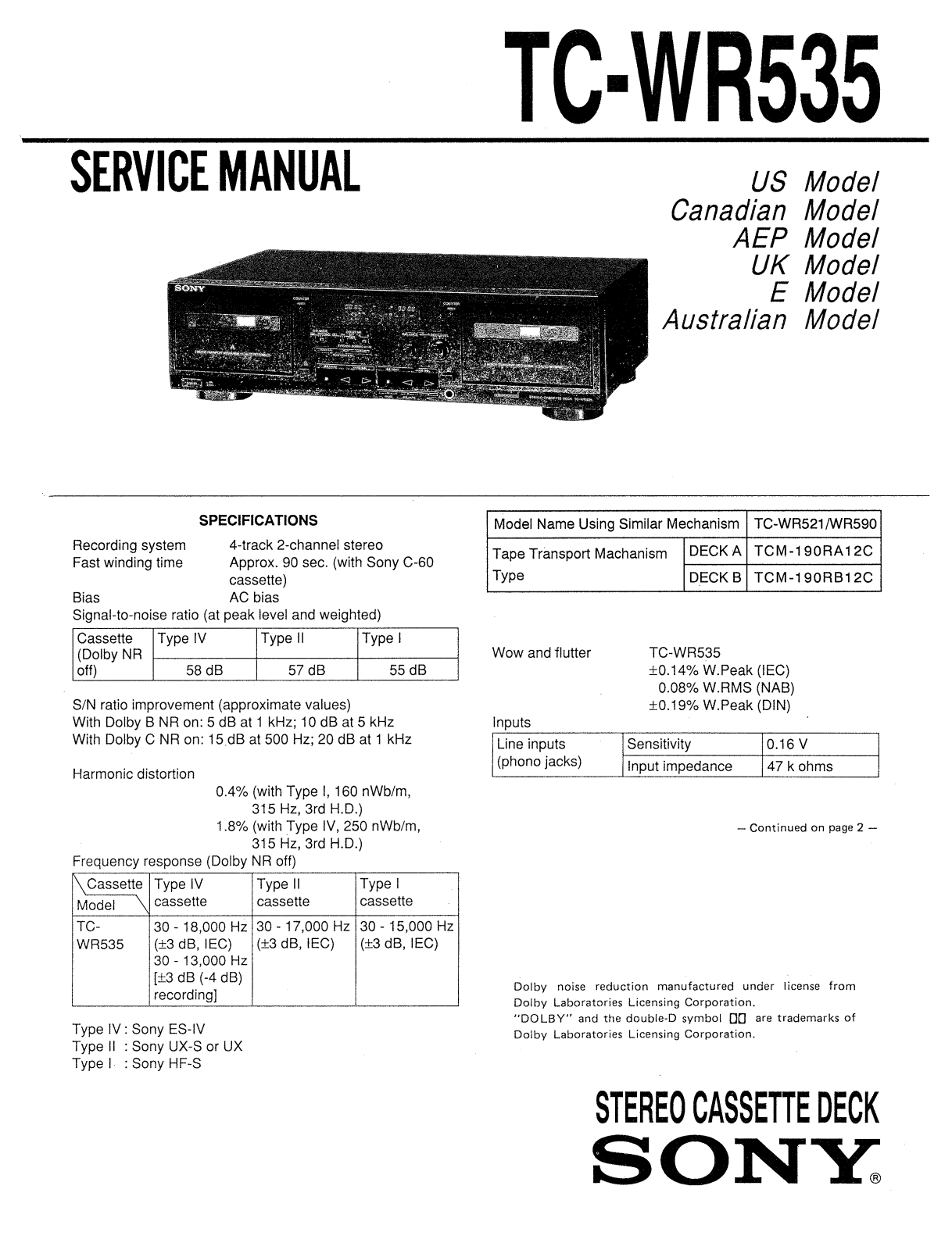 Sony TCWR-535 Service manual