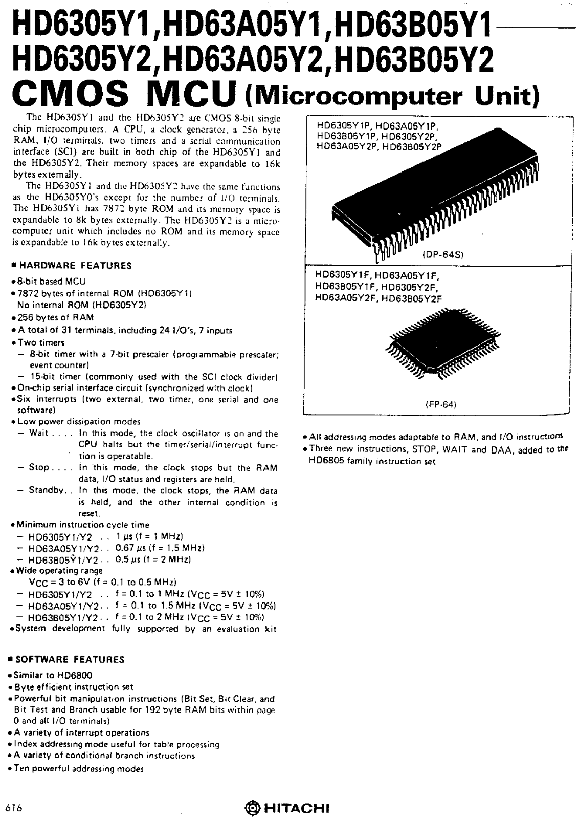 HIT HD63B05Y2P, HD63B05Y2F, HD63B05Y1P, HD63B05Y1F, HD63A05Y2P Datasheet