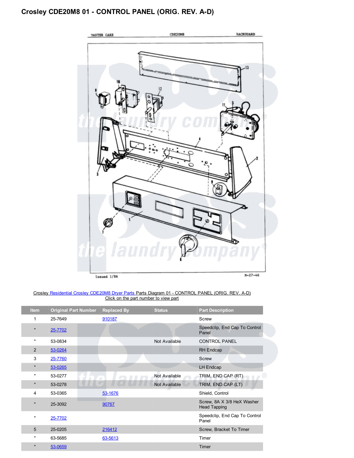 Crosley CDE20M8 Parts Diagram