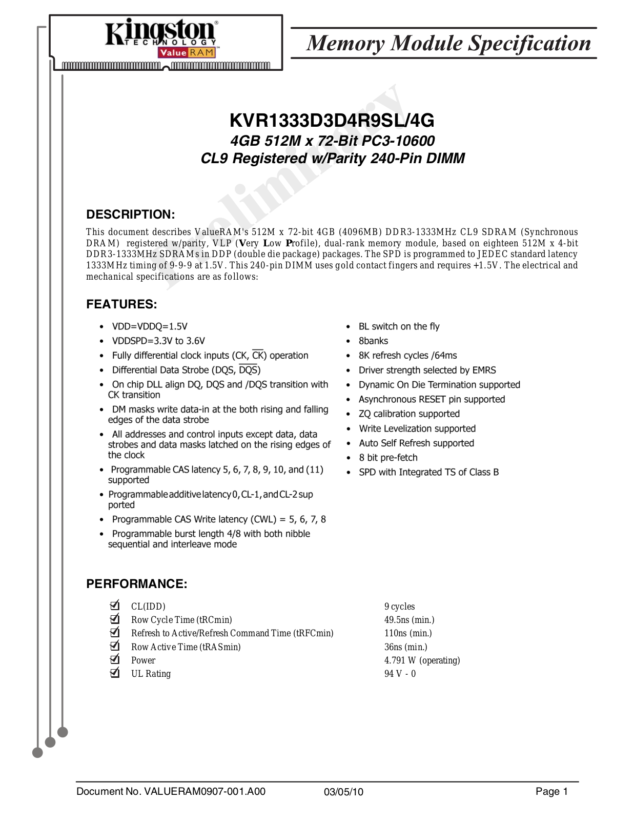 Kingston KVR1333D3D4R9SL4G User Manual