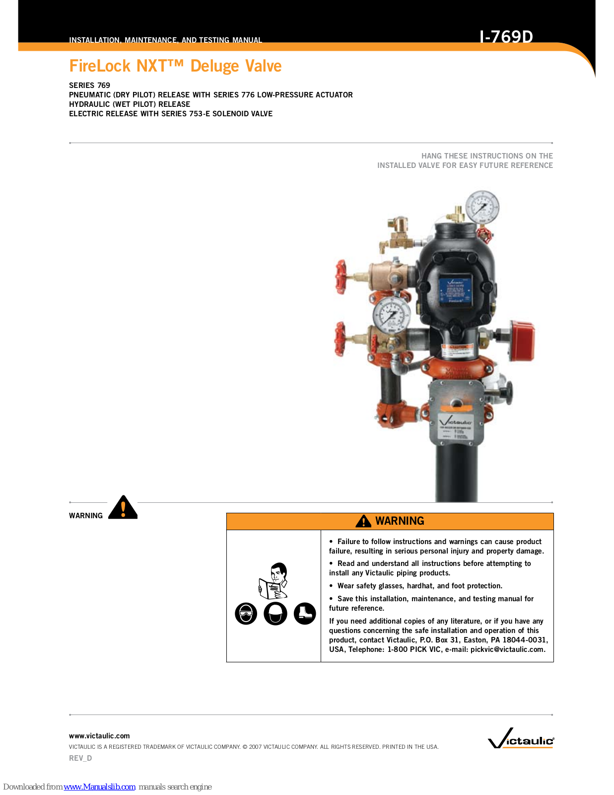 Victaulic FireLock NXT 776 Series, FireLock NXT 769 Series, FireLock NXT 753-E Series Installation, Maintenance, And Testing Manual