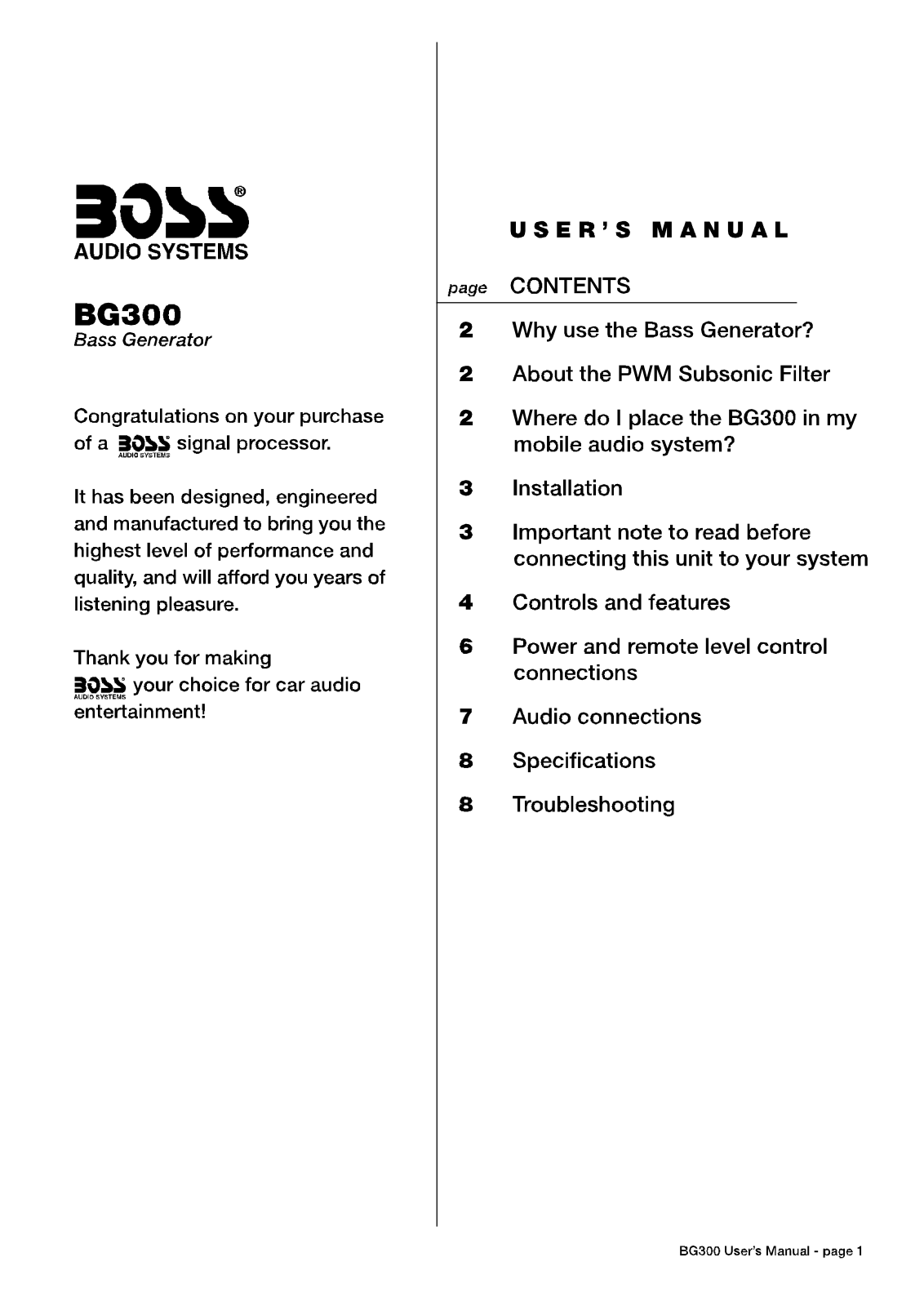 Boss Audio BG300 User Manual