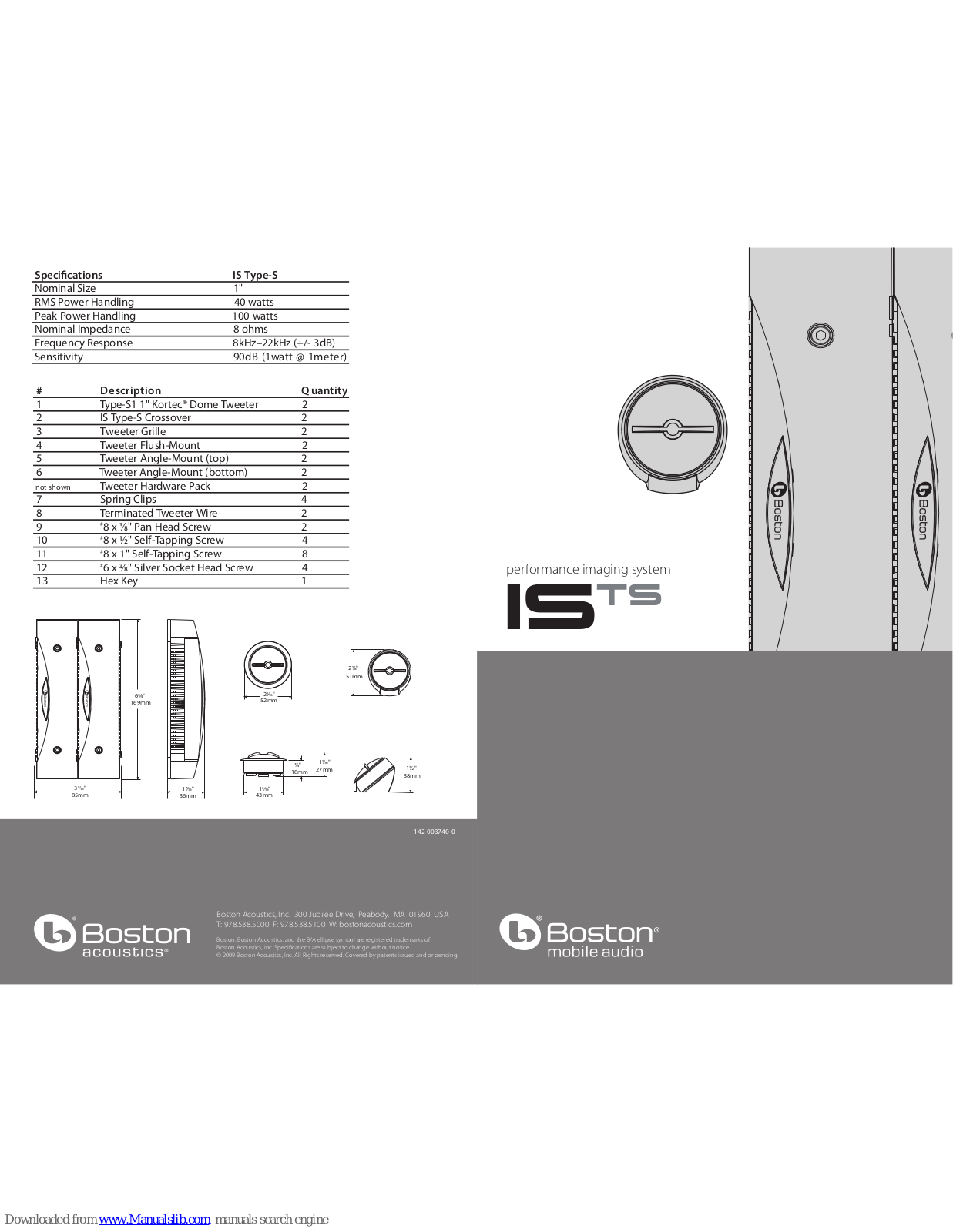 Boston Acoustics ISTS, IS Type-S Specifications