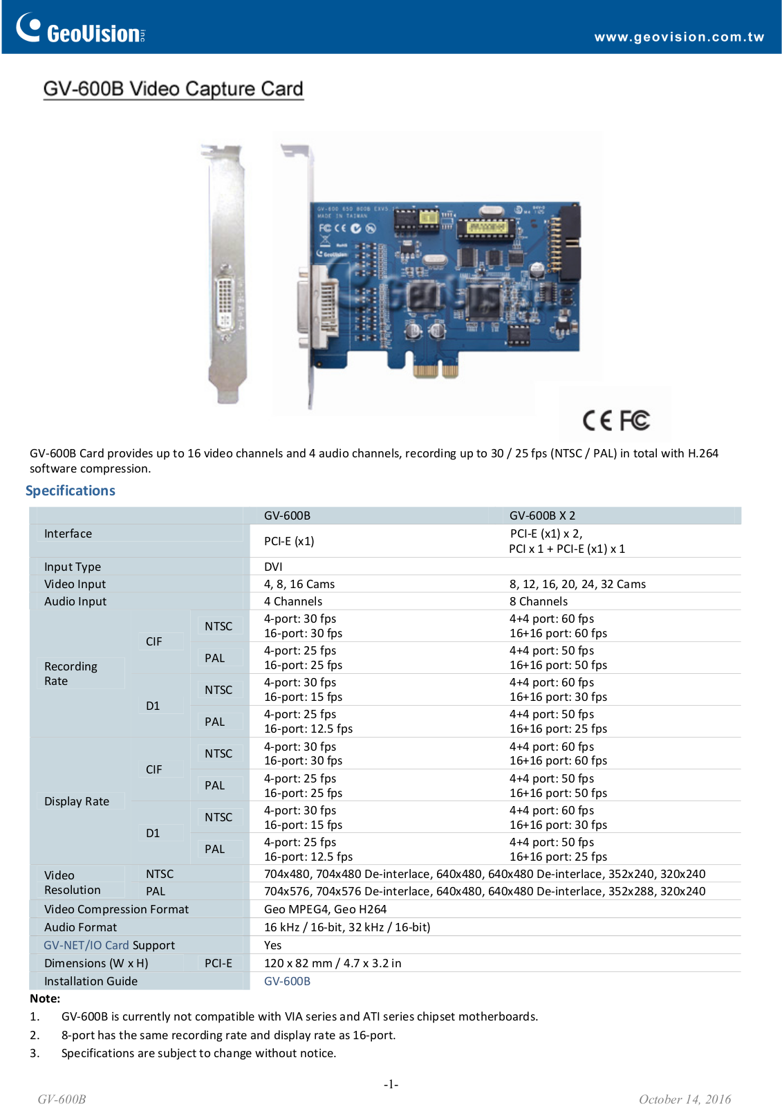 Geovision GV-600B-8 Specsheet