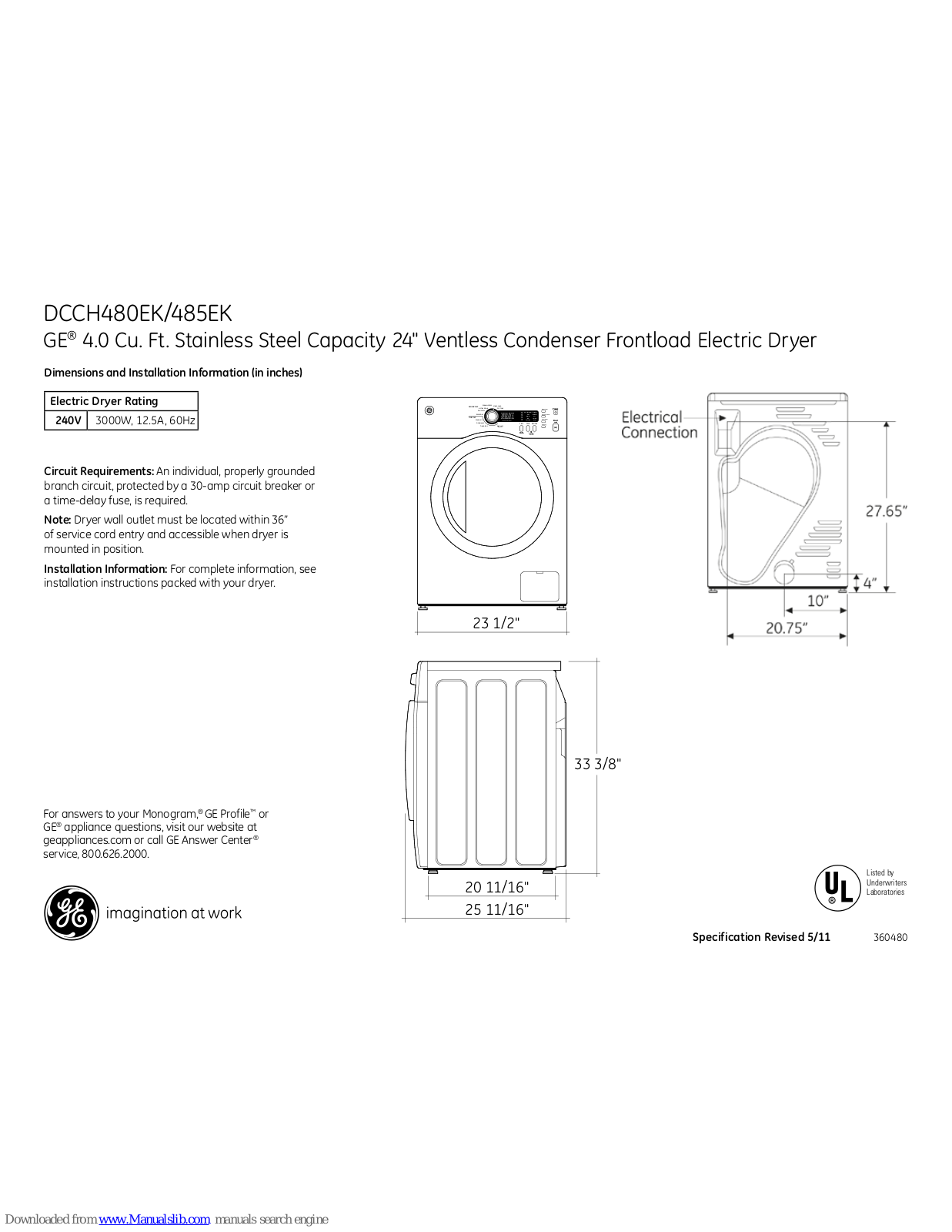 GE Profile DCCH480EK, DCCH485EK, DCCH480EKWW, DCCH485EKMS Dimensions And Installation Information