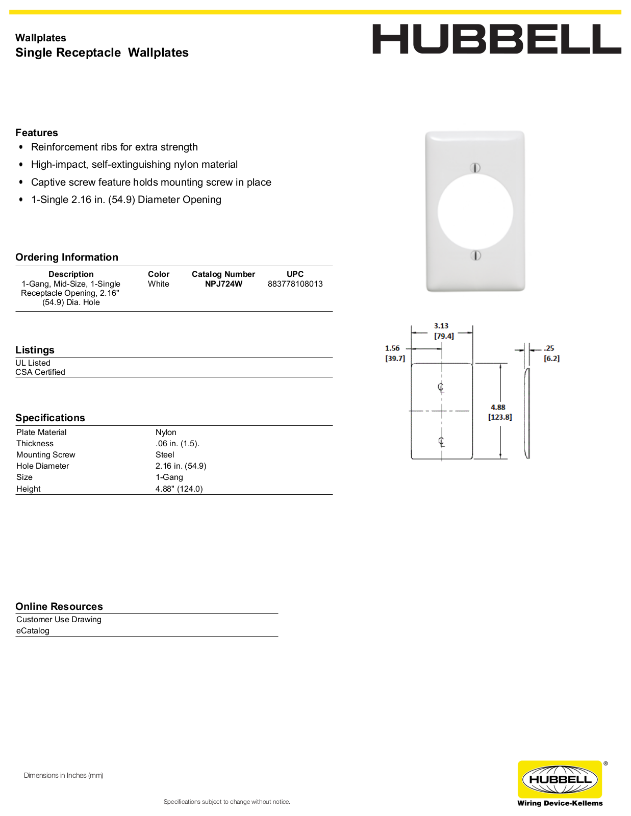 Hubbell NPJ724W Specifications