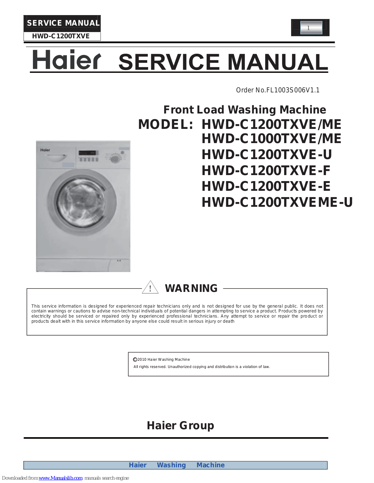 Haier HWD-C1200TXVE/ME, HWD-C1200TXVE-U, HWD-C1000TXVE/ME, HWD-C1200TXVE-F, HWD-C1200TXVE-E Service Manual