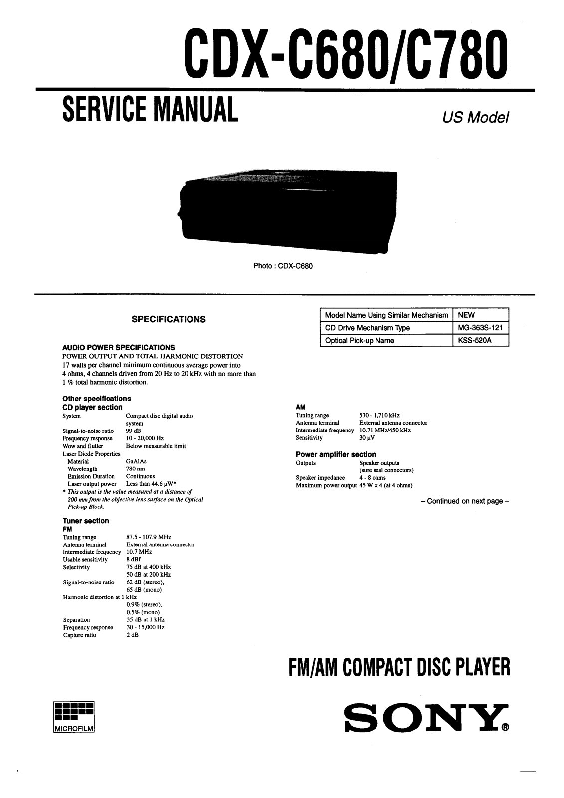 SONY CDX-C680 Service Manual