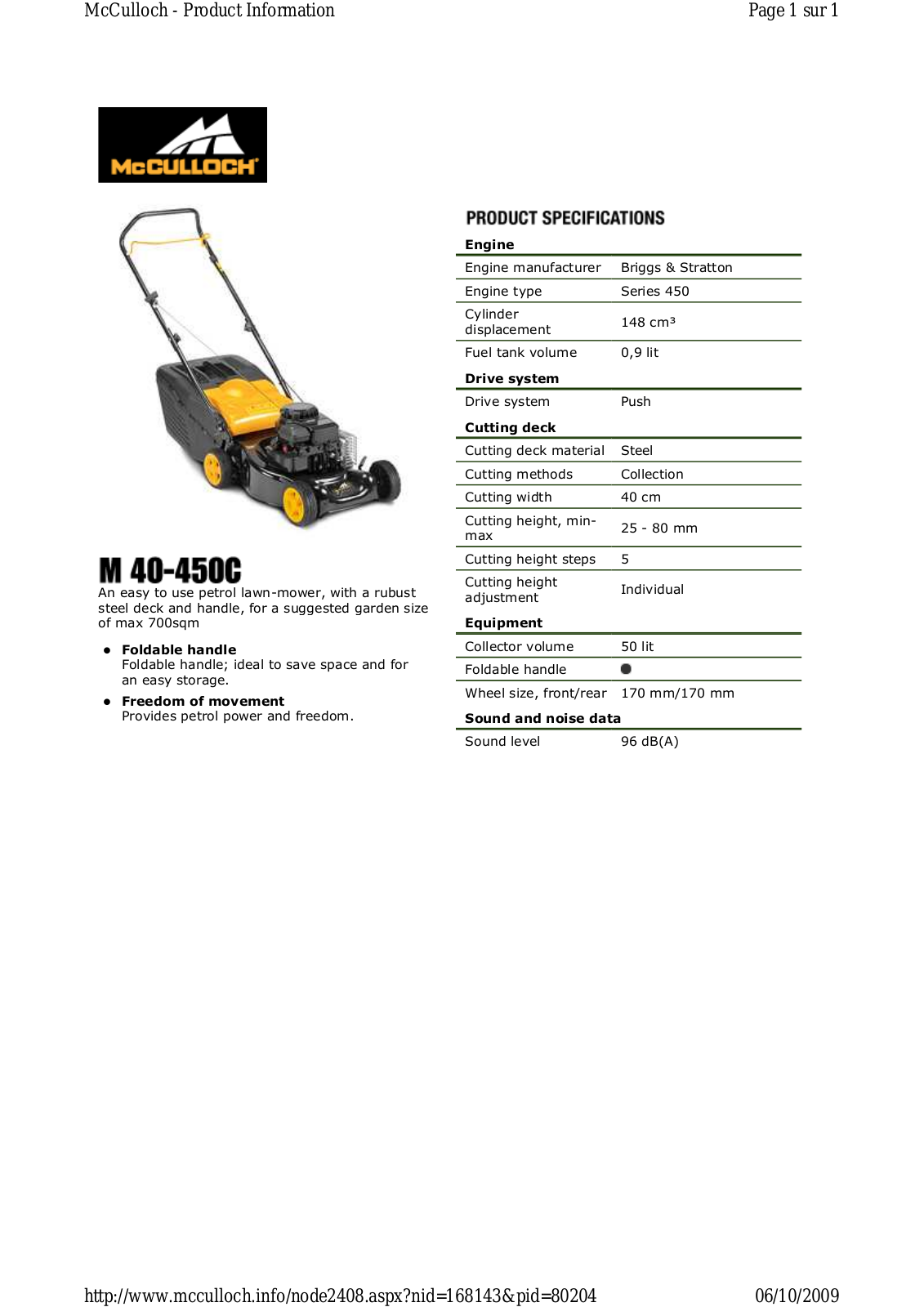 Mc culloch M 40-450C TECHNICAL SPECIFICATIONS - ManualMachine.com