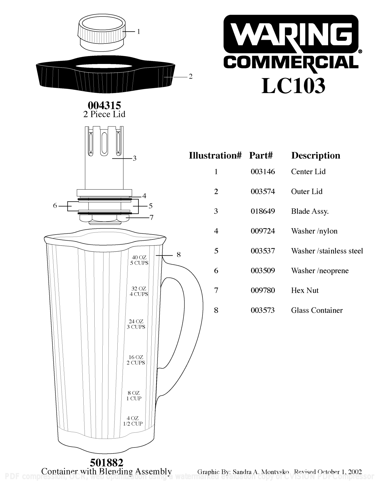 Waring LC103 Parts List