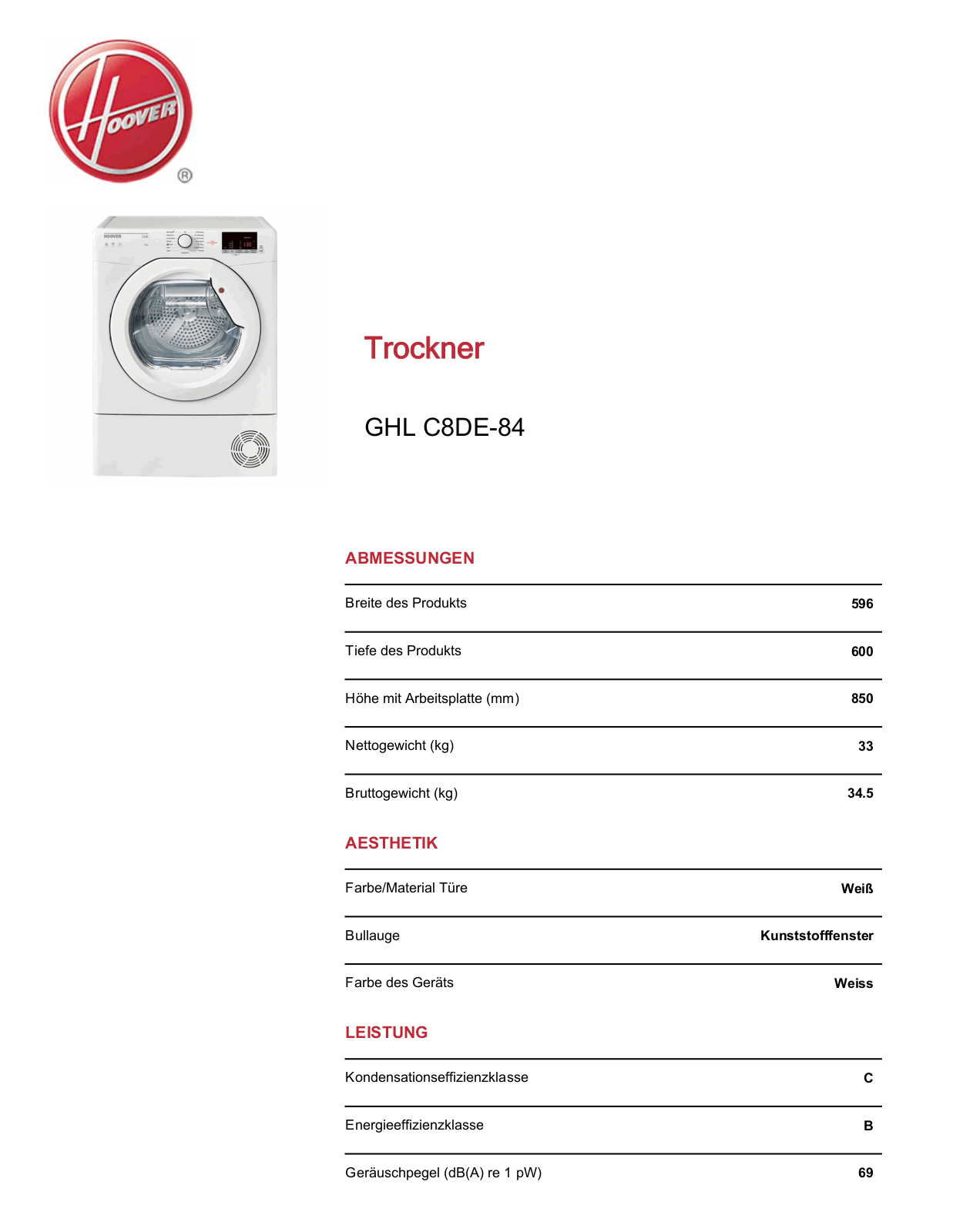 Hoover GHL C8DE-84 Service Manual