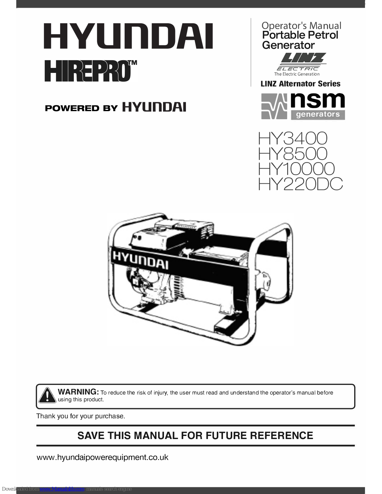 Hyundai HY10000, HY220DC, HY3400, HY8500 Operator's Manual