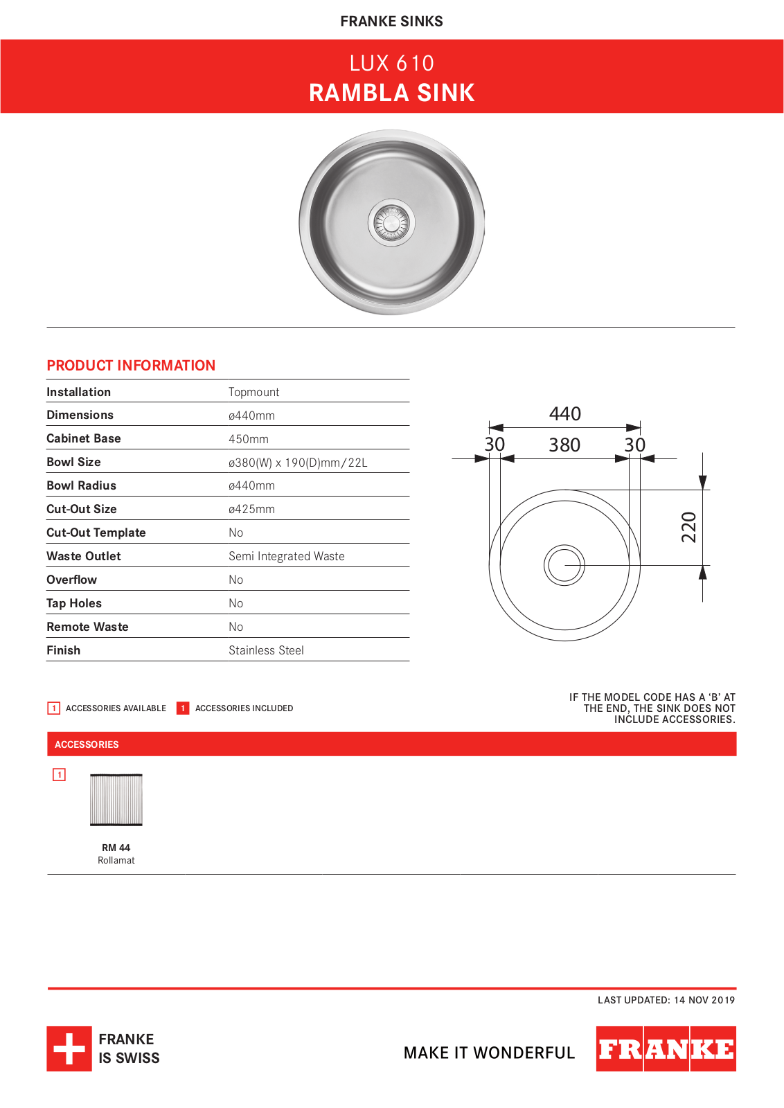 Franke LUX610 Specifications Sheet