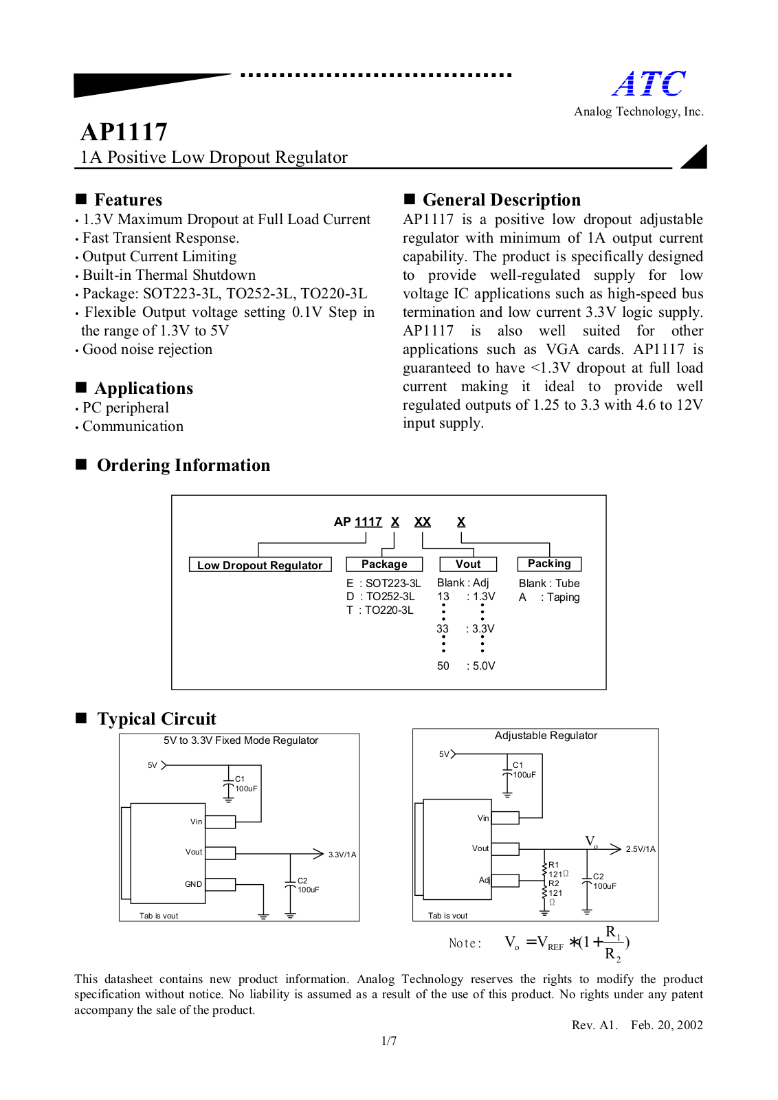 ATC AP1117T44A, AP1117T44, AP1117T43A, AP1117T43, AP1117T42A Datasheet