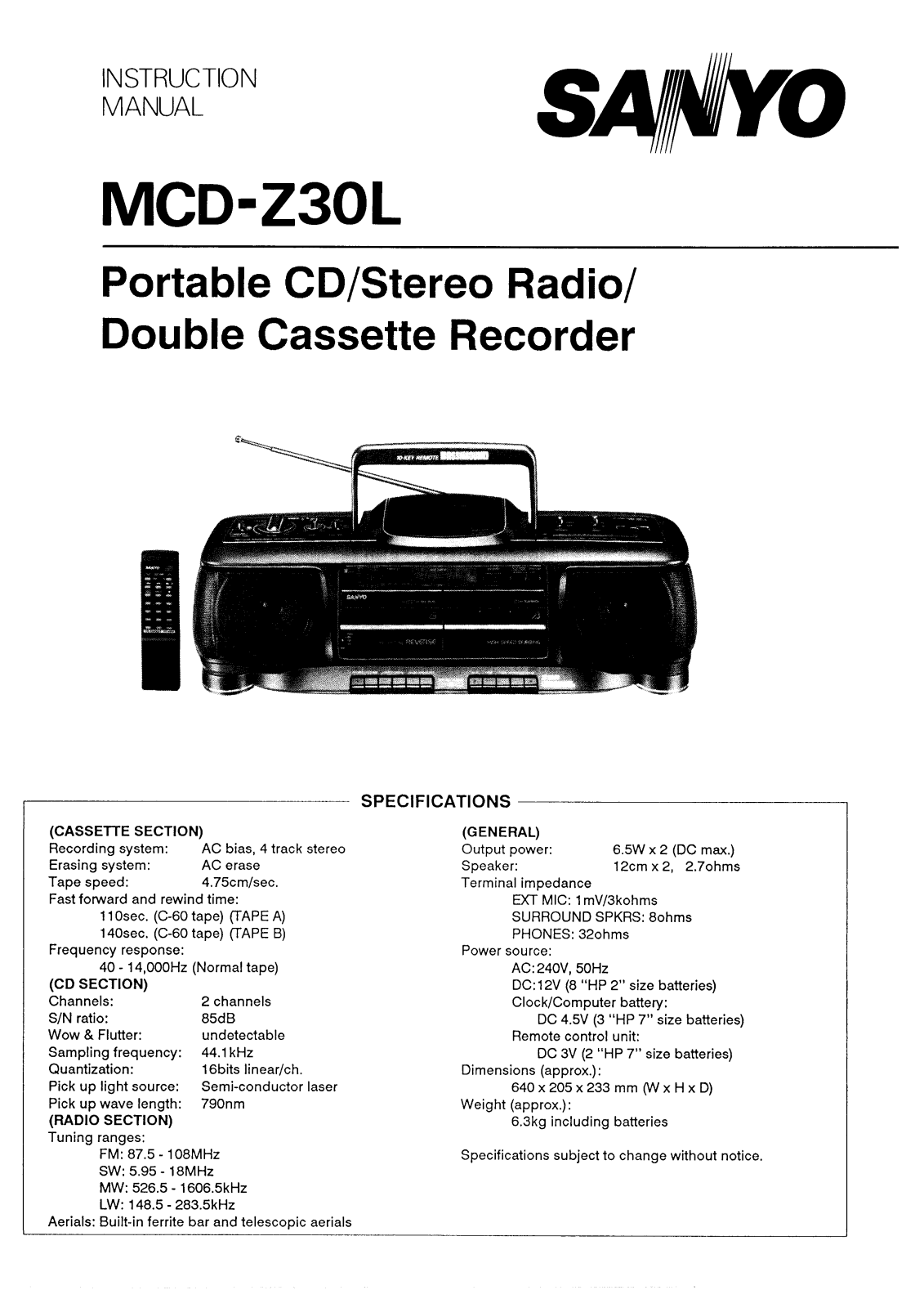 Sanyo MCD-Z30L Instruction Manual