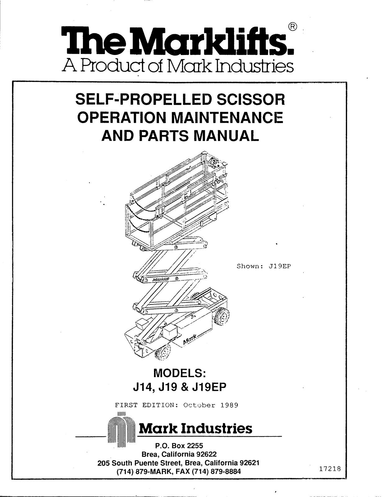 Marklifts J14, J19, J19EP Operator's Manual - ManualMachine.com