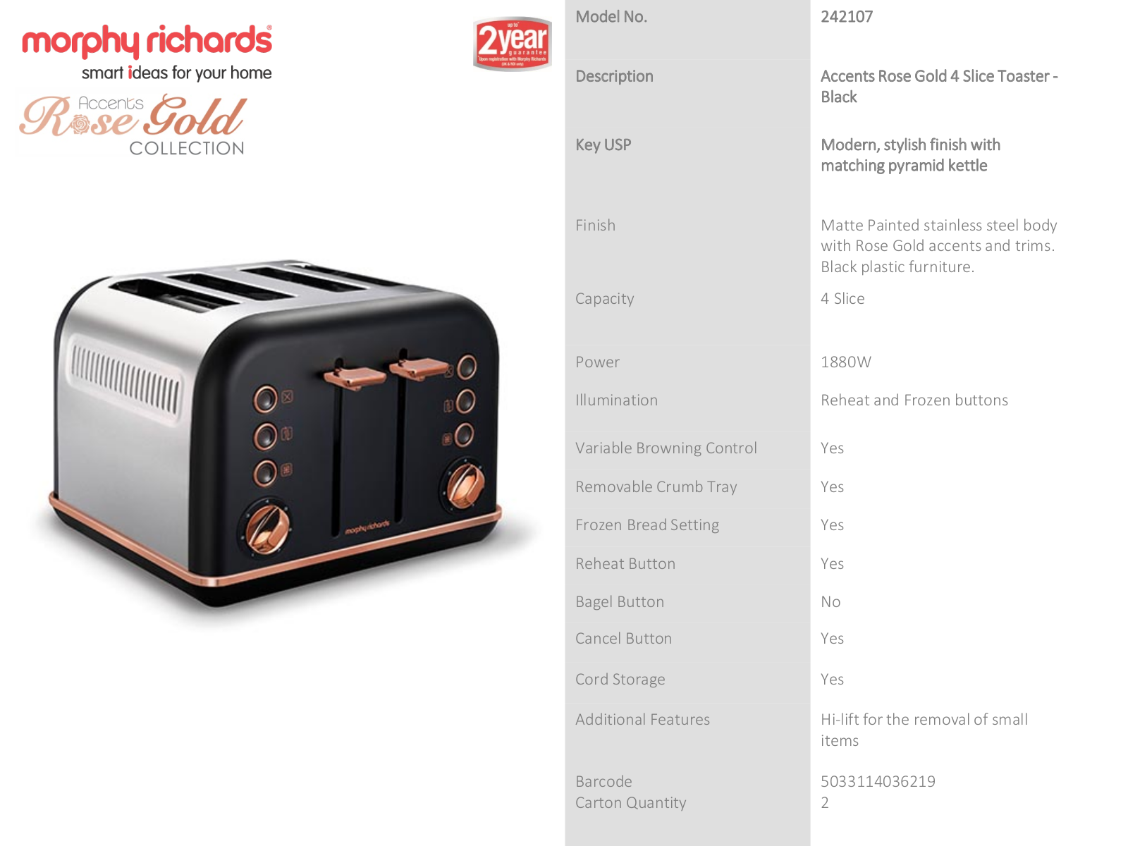 Morphy Richards 242107, 242107102107 Specifications Sheet