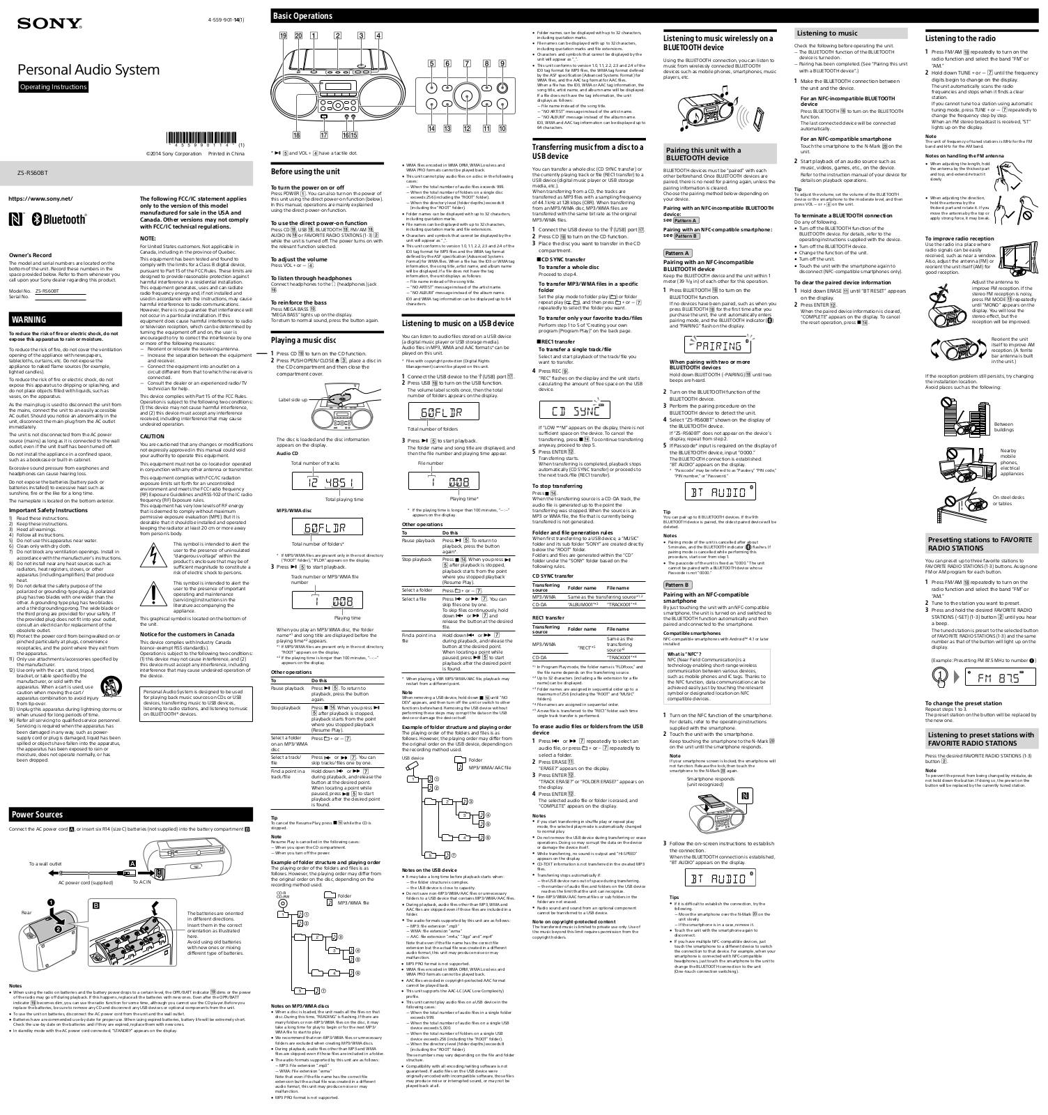 Sony ZS-RS60BT Operating Instructions