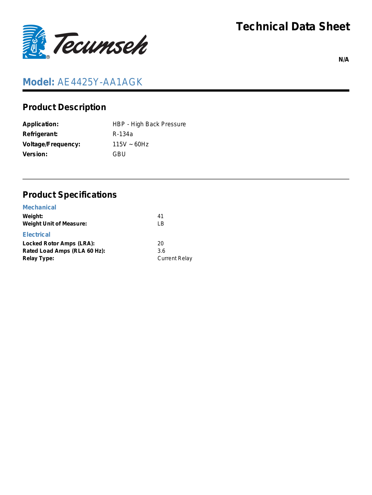 Tecumseh AE4425Y-AA1AGK User Manual