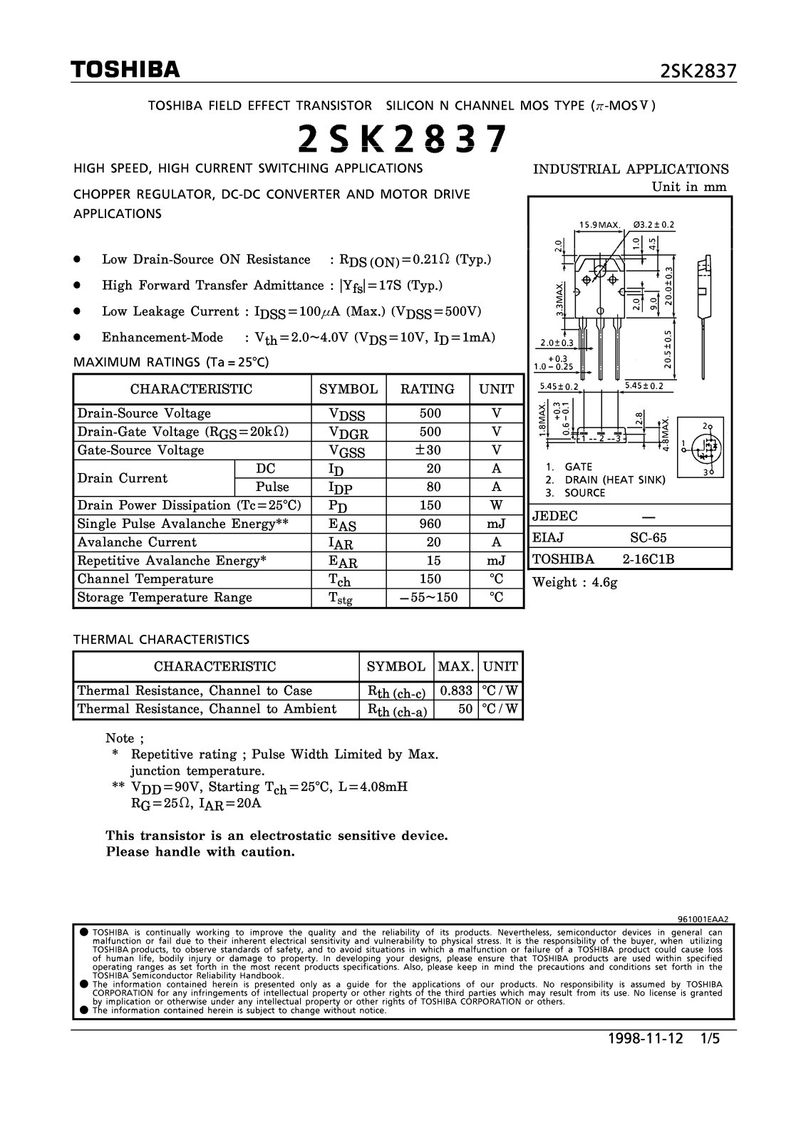 Datasheet 2SK2837 Specification - ManualMachine.com
