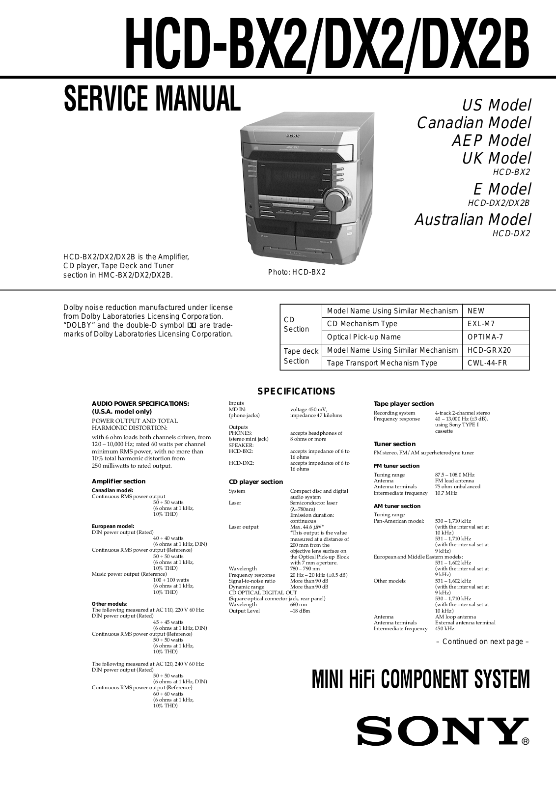 SONY HCD BX2, HCD DX2, HCD DX2B Service Manual