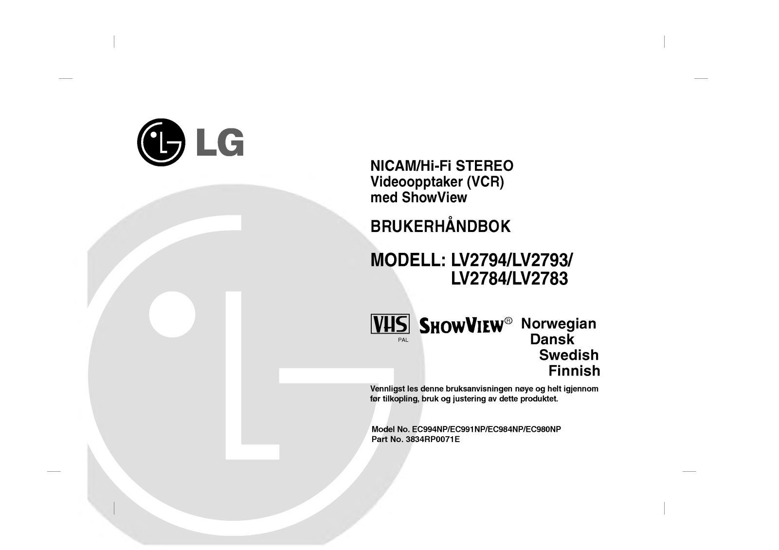 Lg LV2794, LV2683, LV2793, LV2784 user Manual