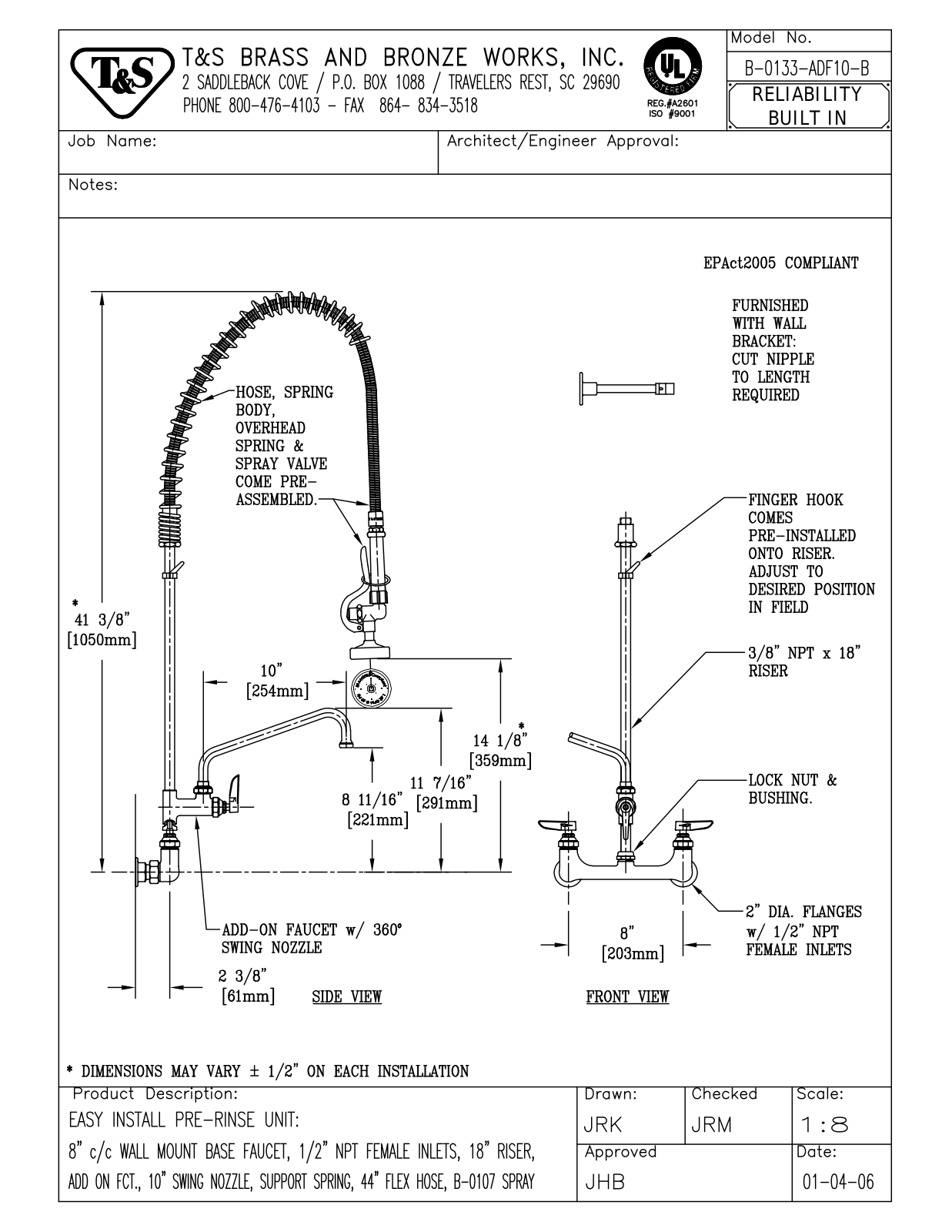 T & S Brass & Bronze Works B-0133-ADF10-B General Manual