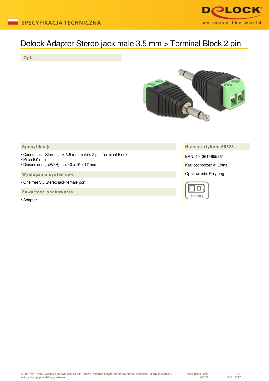 DeLOCK 3.5mm jack on 2-Pin-Terminalblock adapter User Manual