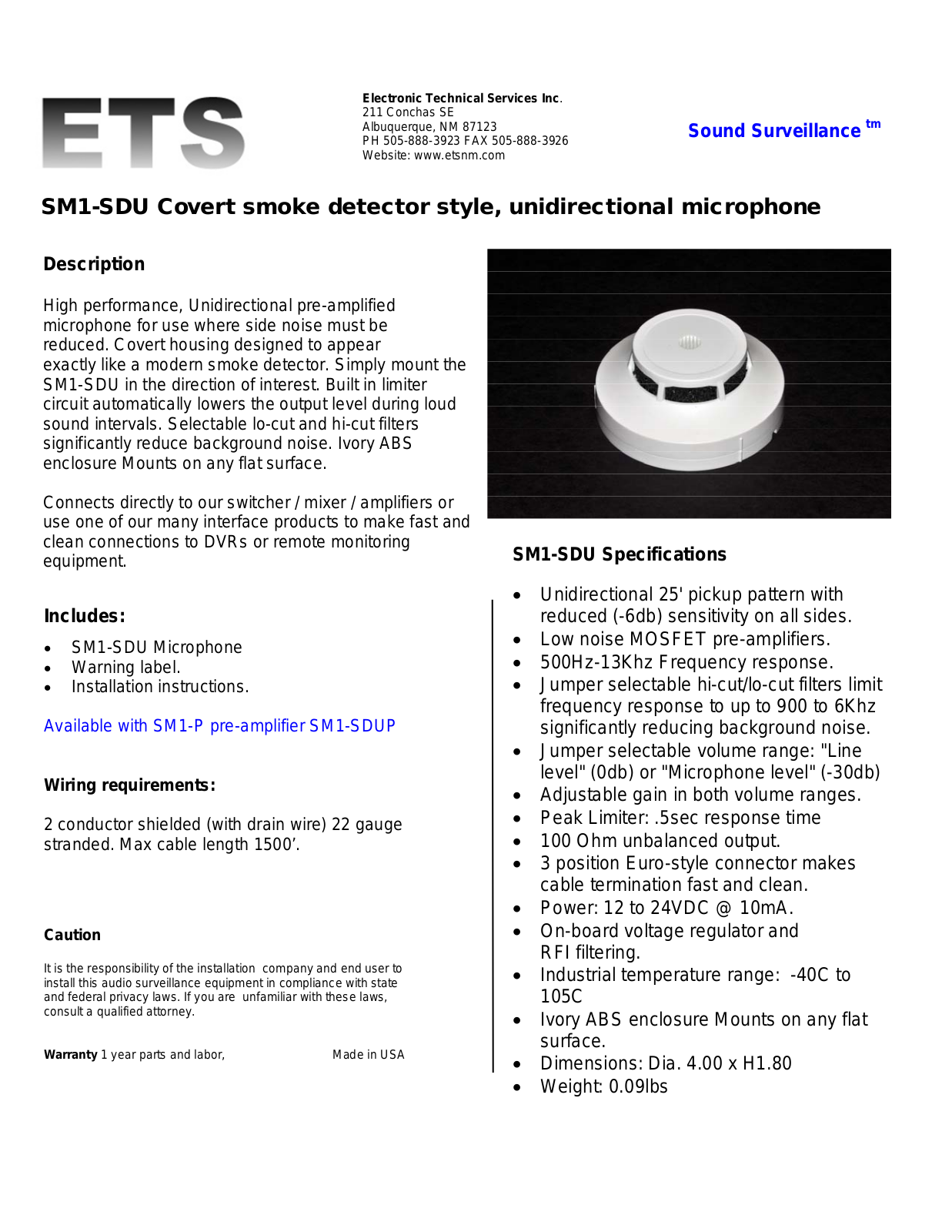 ETS SM1-SDU Specsheet