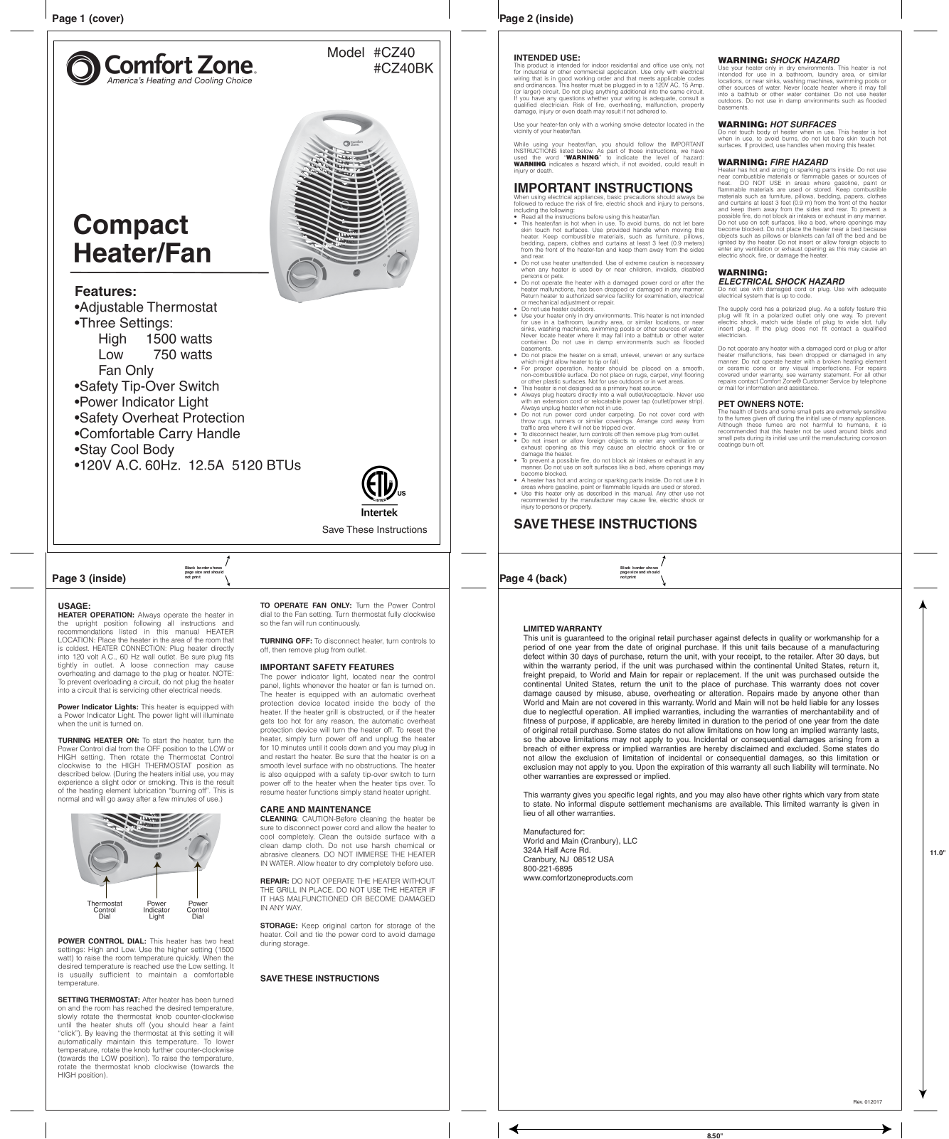 ComfortZone CZ40, CZ40BK User Manual