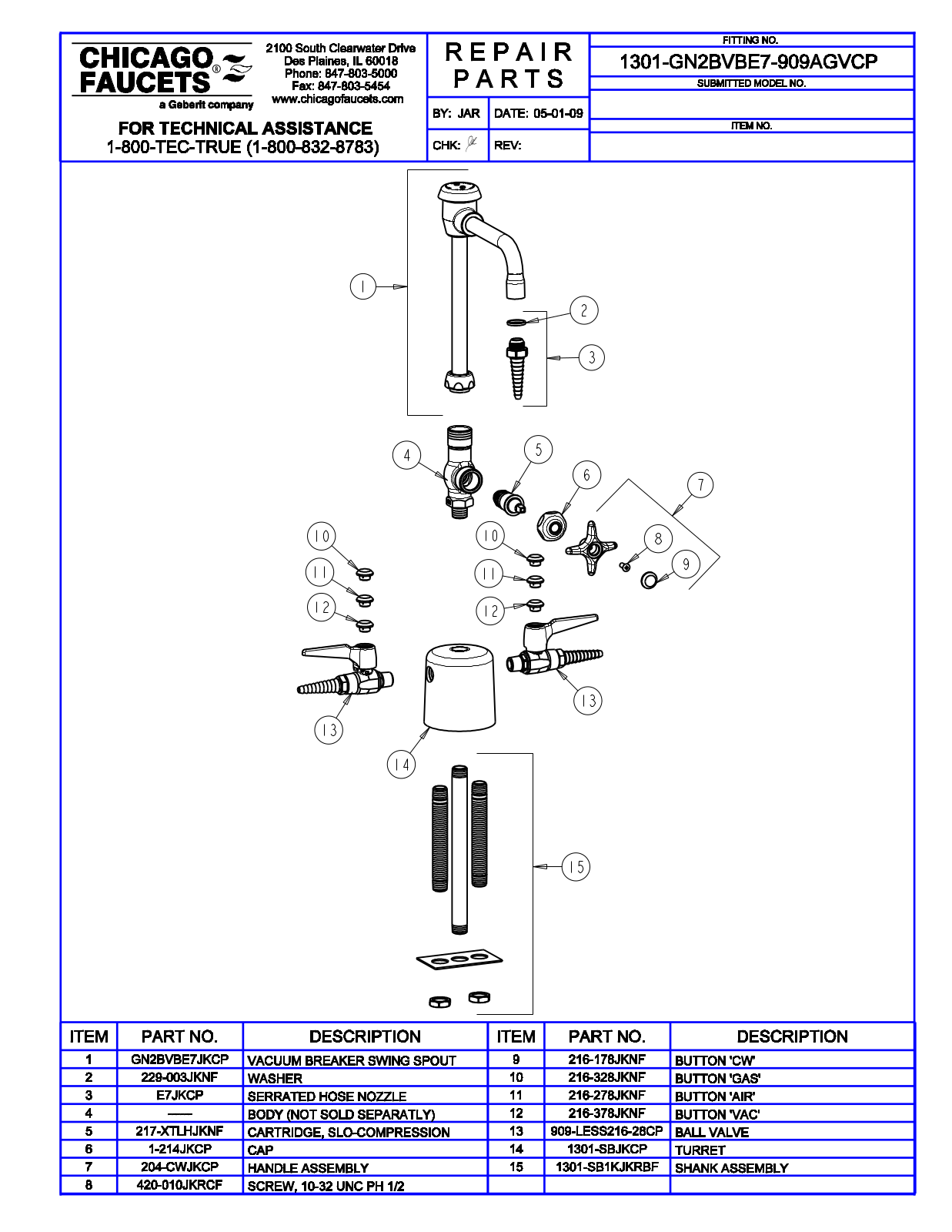 Chicago Faucet 1301-GN2BVBE7-909AGVCP Parts List