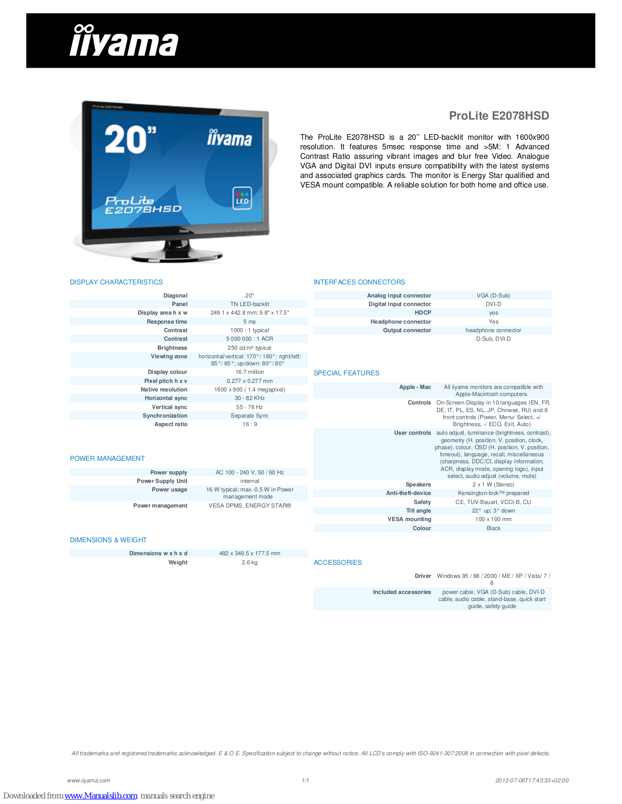 Iiyama ProLite E2078HSD Specification