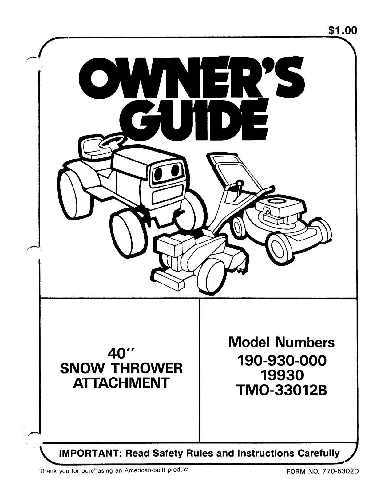 Mtd 190-930-000, 19930, tmo-33012b owners manual