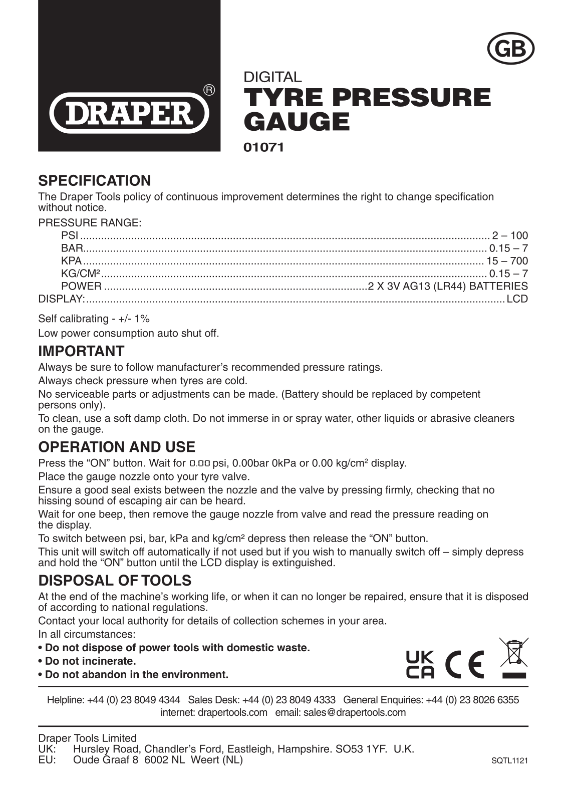 Draper Tools 01071 Instructions