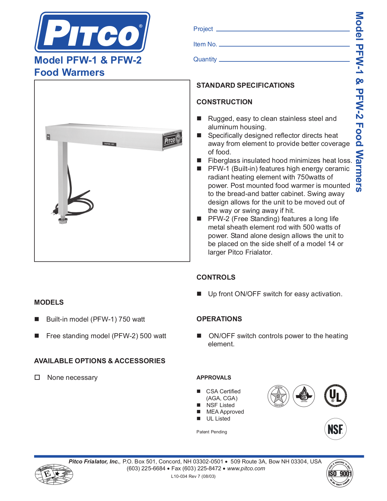 Pitco PFW-1 Specifications