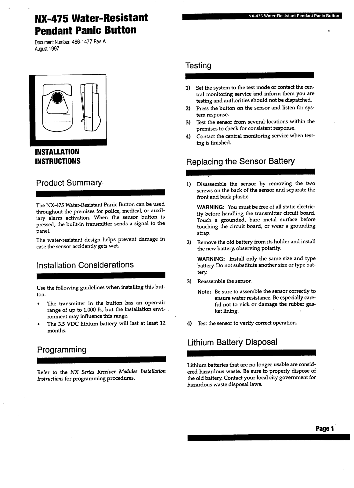 CADDX NX475 - ITI, Caddx Wireless Panic Pendant, NX-475 Installation Instructions Manual