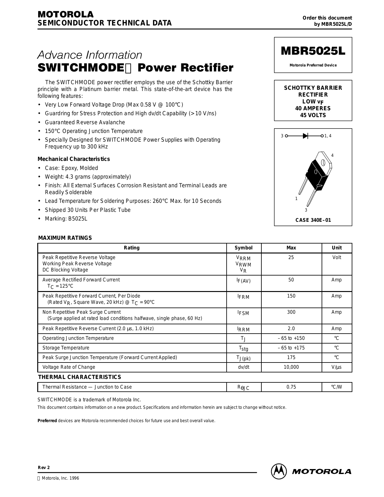 Motorola MBR5025L Datasheet