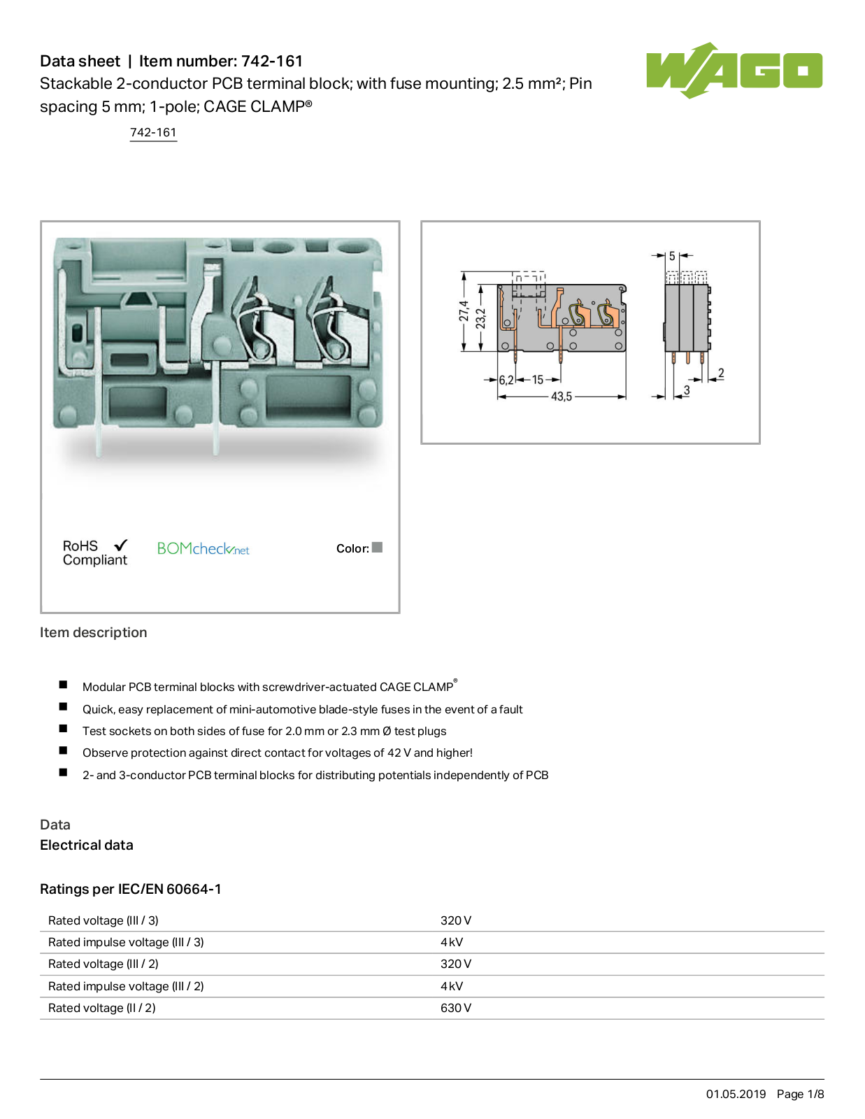 Wago 742-161 Data Sheet