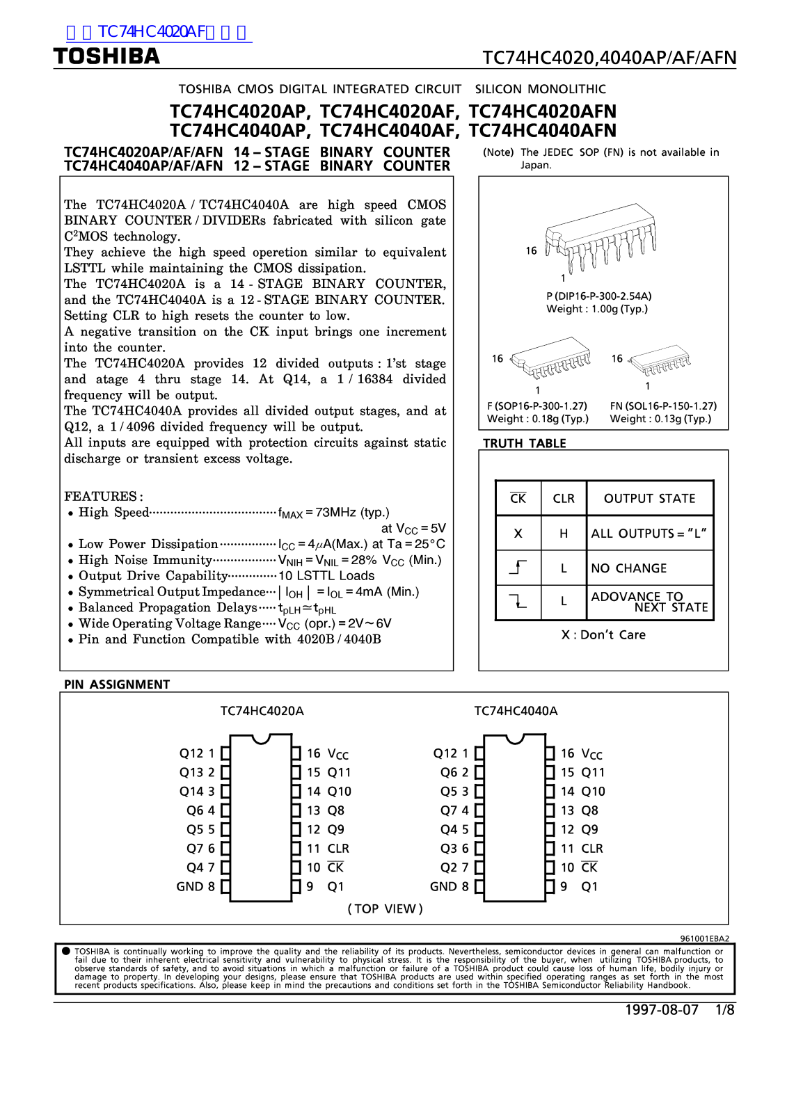 TOSHIBA TC74HC4020AP Technical data