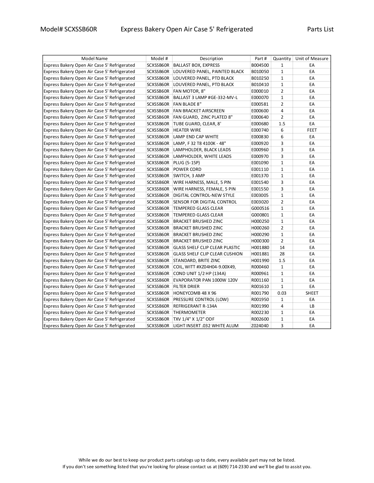 RPI Industries SCXSSB60R Parts List