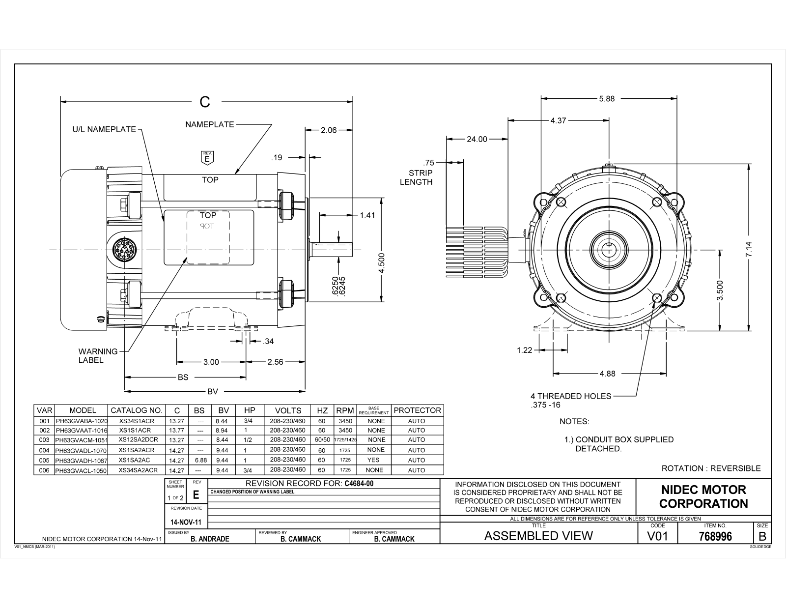 US Motors XS34S1ACR, XS1S1ACR, XS12SA2DCR, XS1SA2ACR, XS1SA2AC Dimensional Sheet