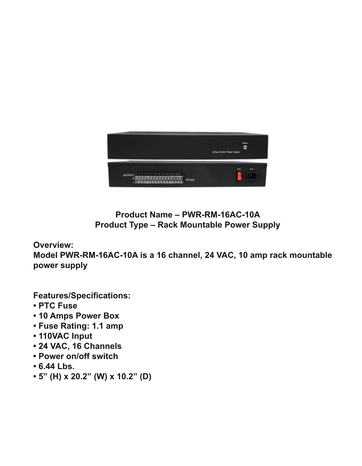 ICRealtime PWR-RM-16AC-10A Specsheet