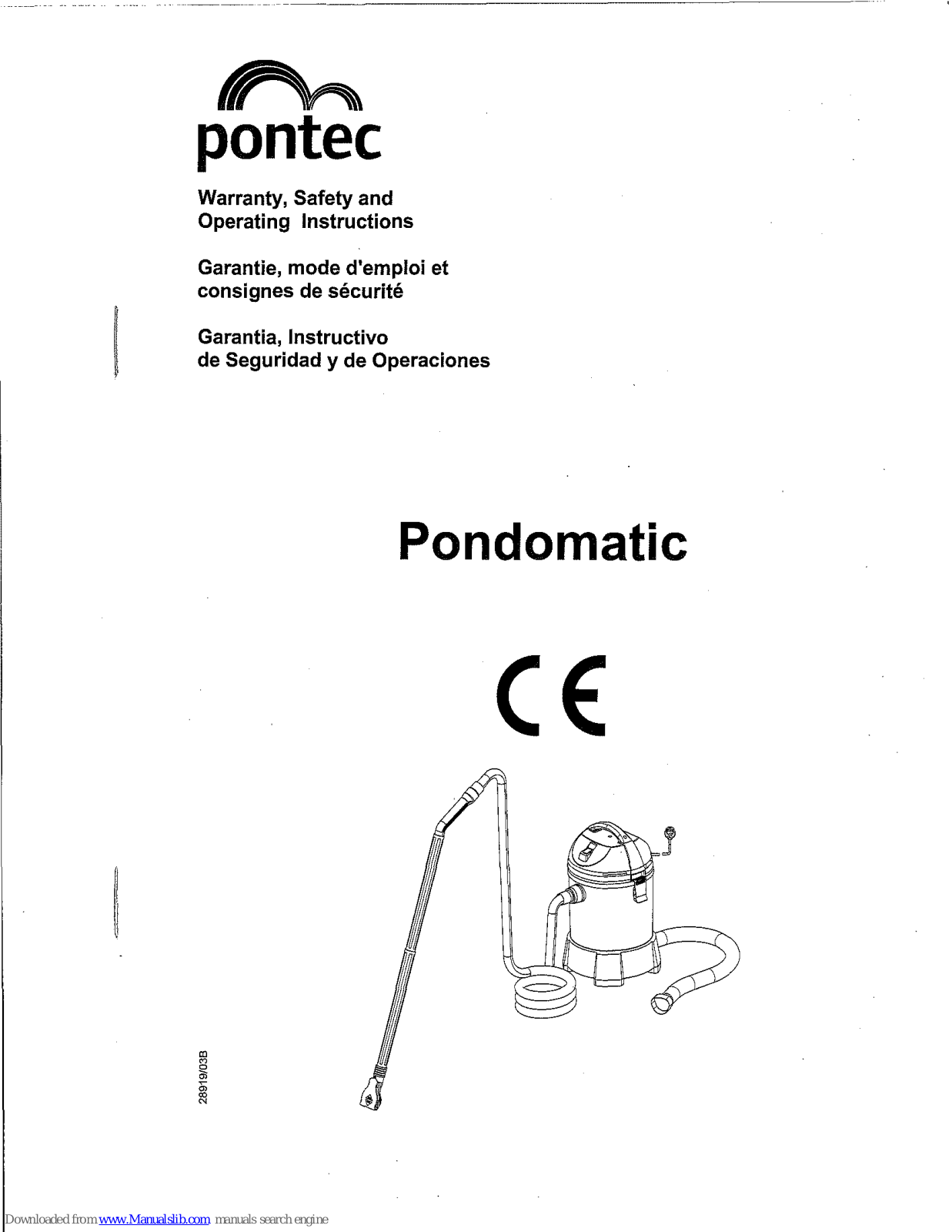 Pontec Pondomatic Vacuum Cleaner Warranty, Safety And Operating Instructions