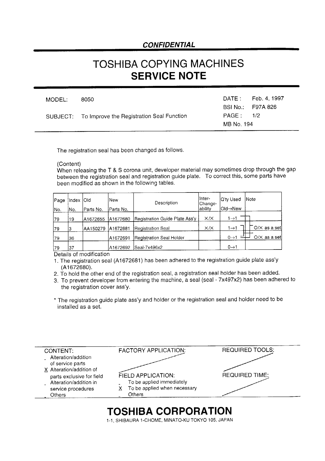 Toshiba f97a826 Service Note