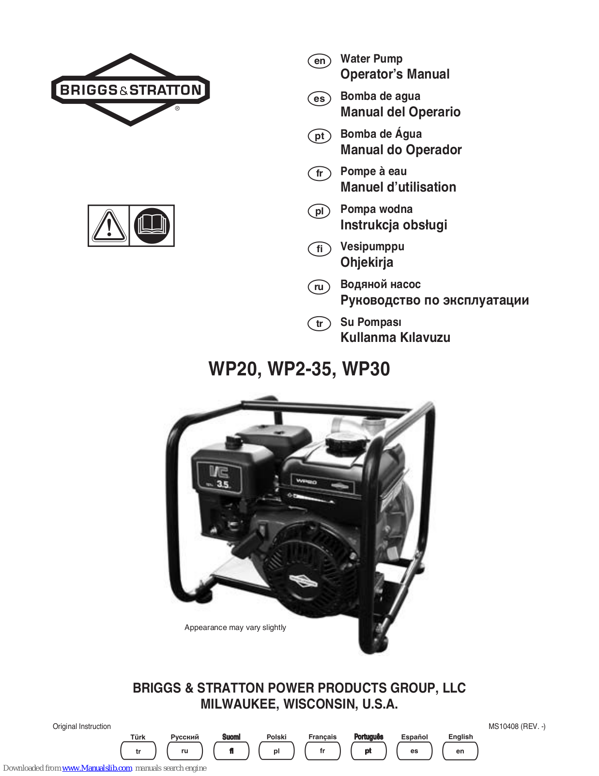 Briggs & Stratton WP20, WP2-35, WP30, WP2-55, WP2-60 Operator's Manual