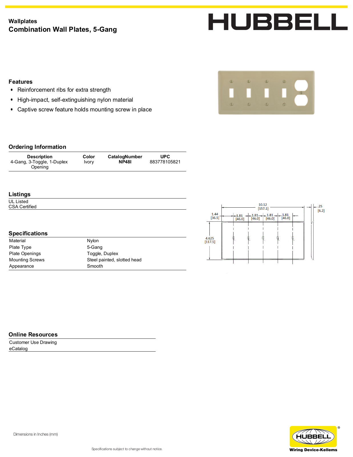 Hubbell NP48I Specifications