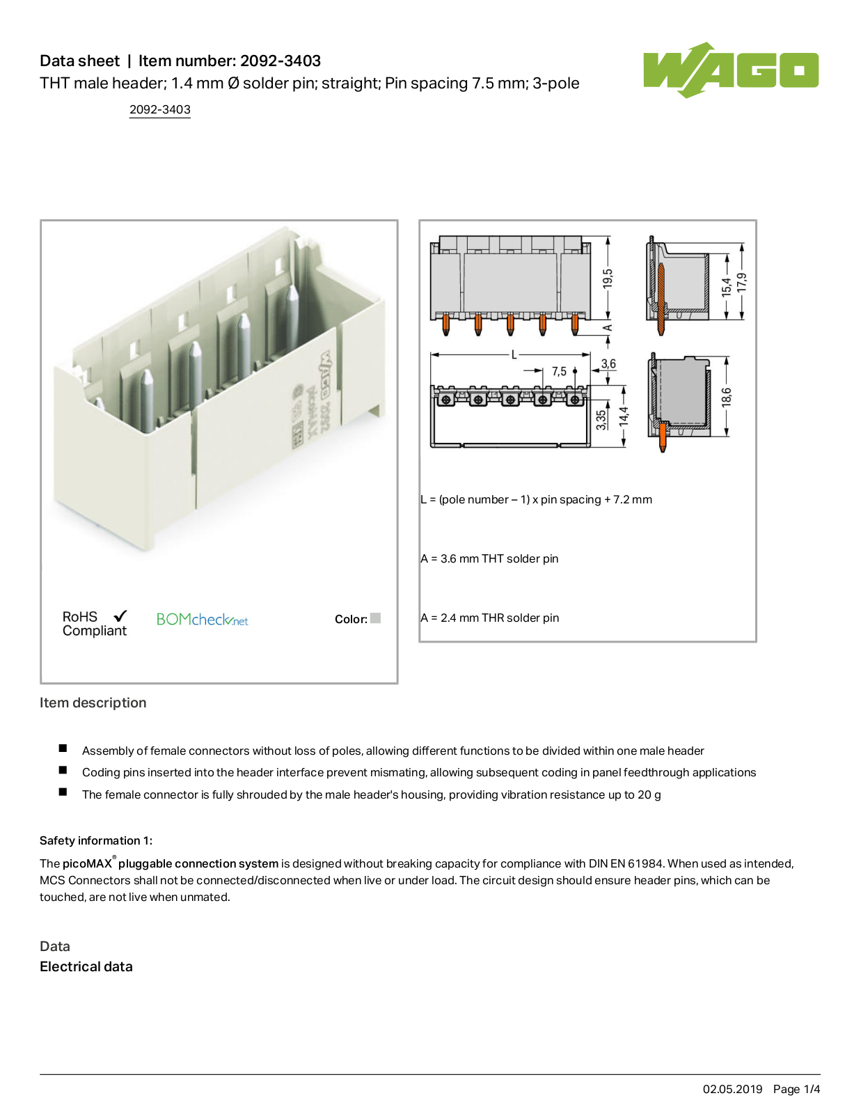 Wago 2092-3403 Data Sheet