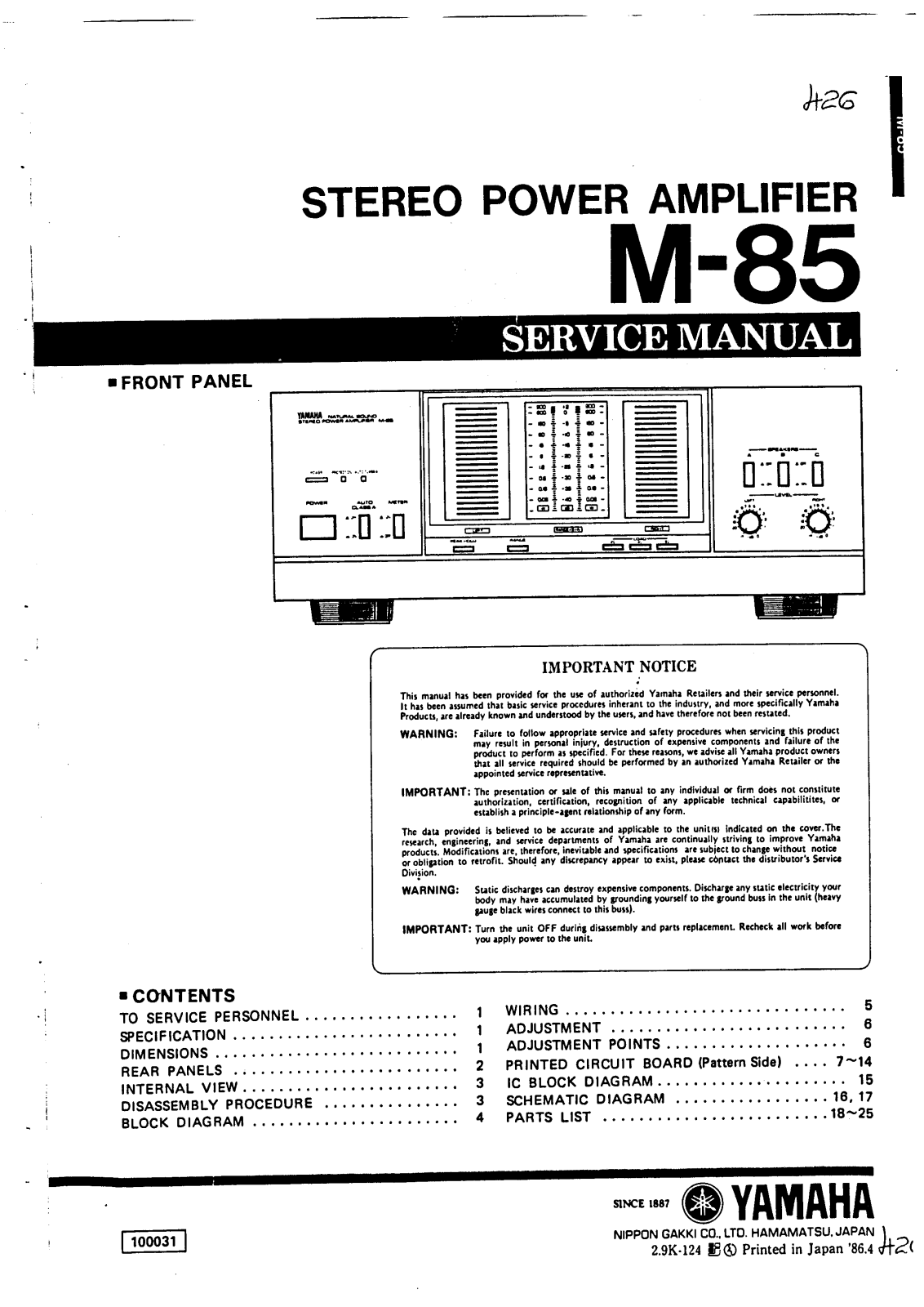 Yamaha M-85 Service manual