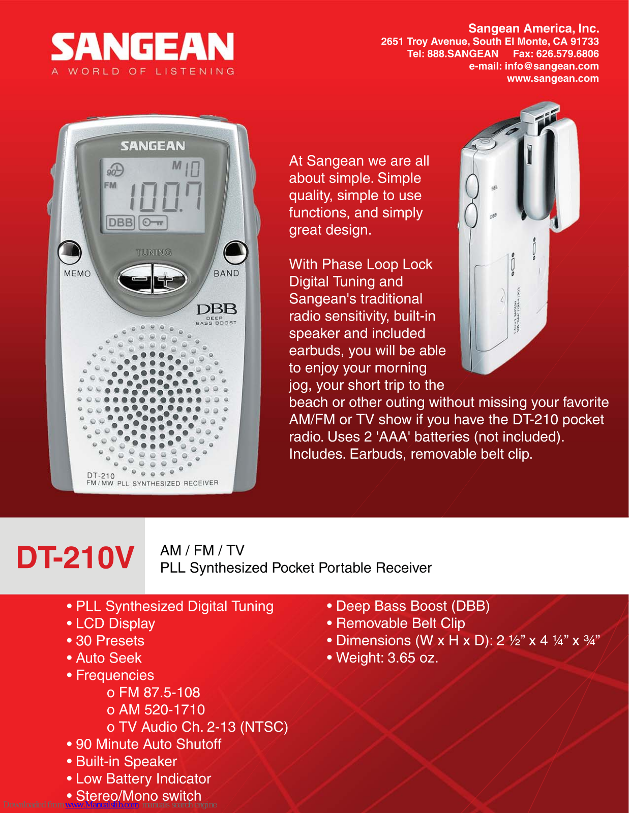 Sangean DT210V DT-210V DT-210V Specification Sheet